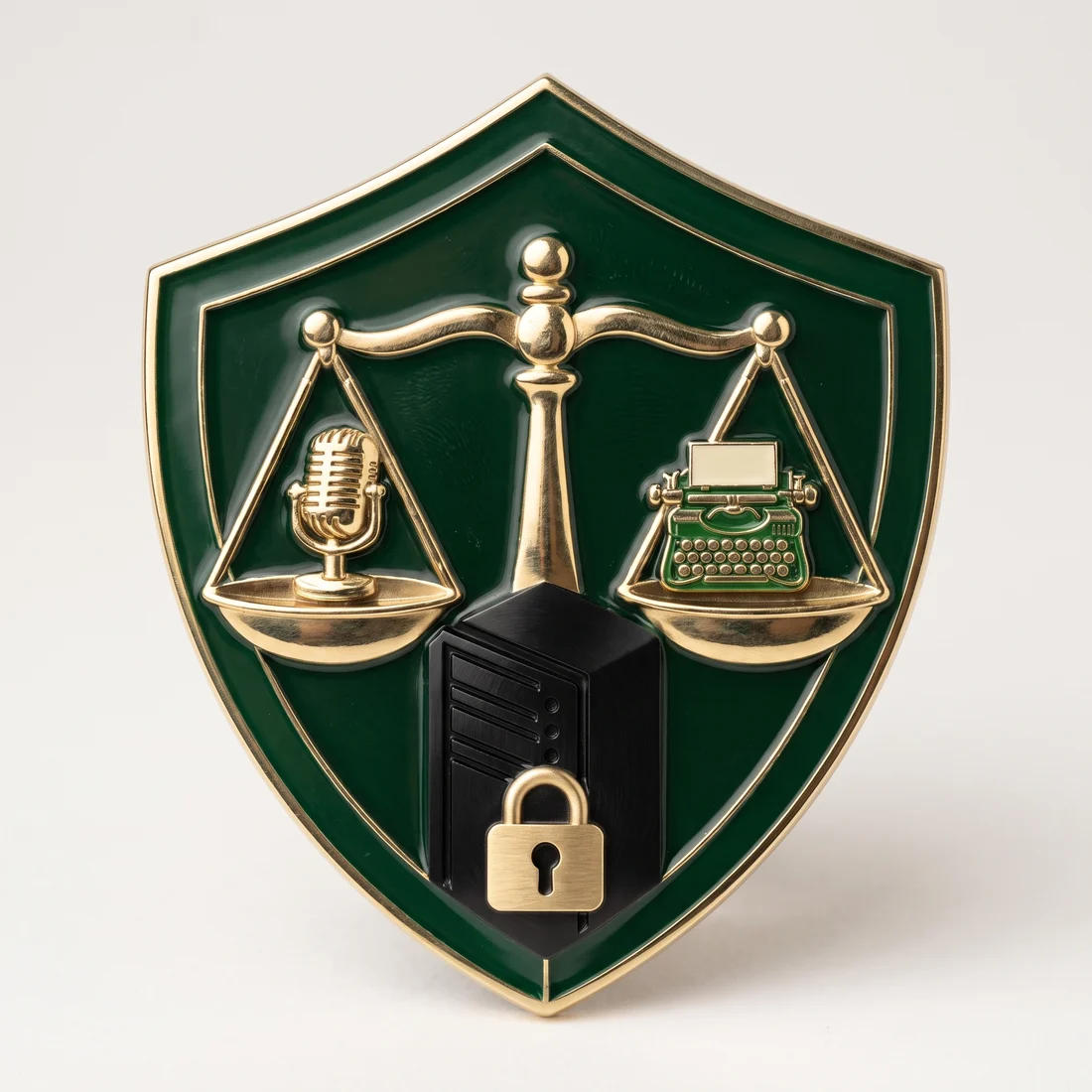The IdeaStream emblem: a brass scale holding a microphone and a typewriter above a locked server, set on a green enamel shield.